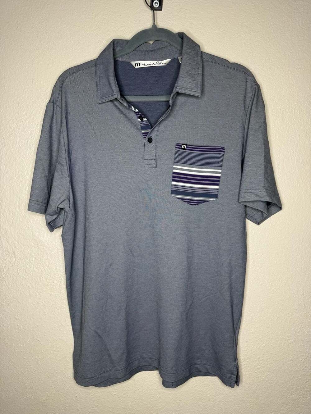 TravisMathew Men's Gray Short Sleeve Polo Shirt with Striped Chest Pocket Size M